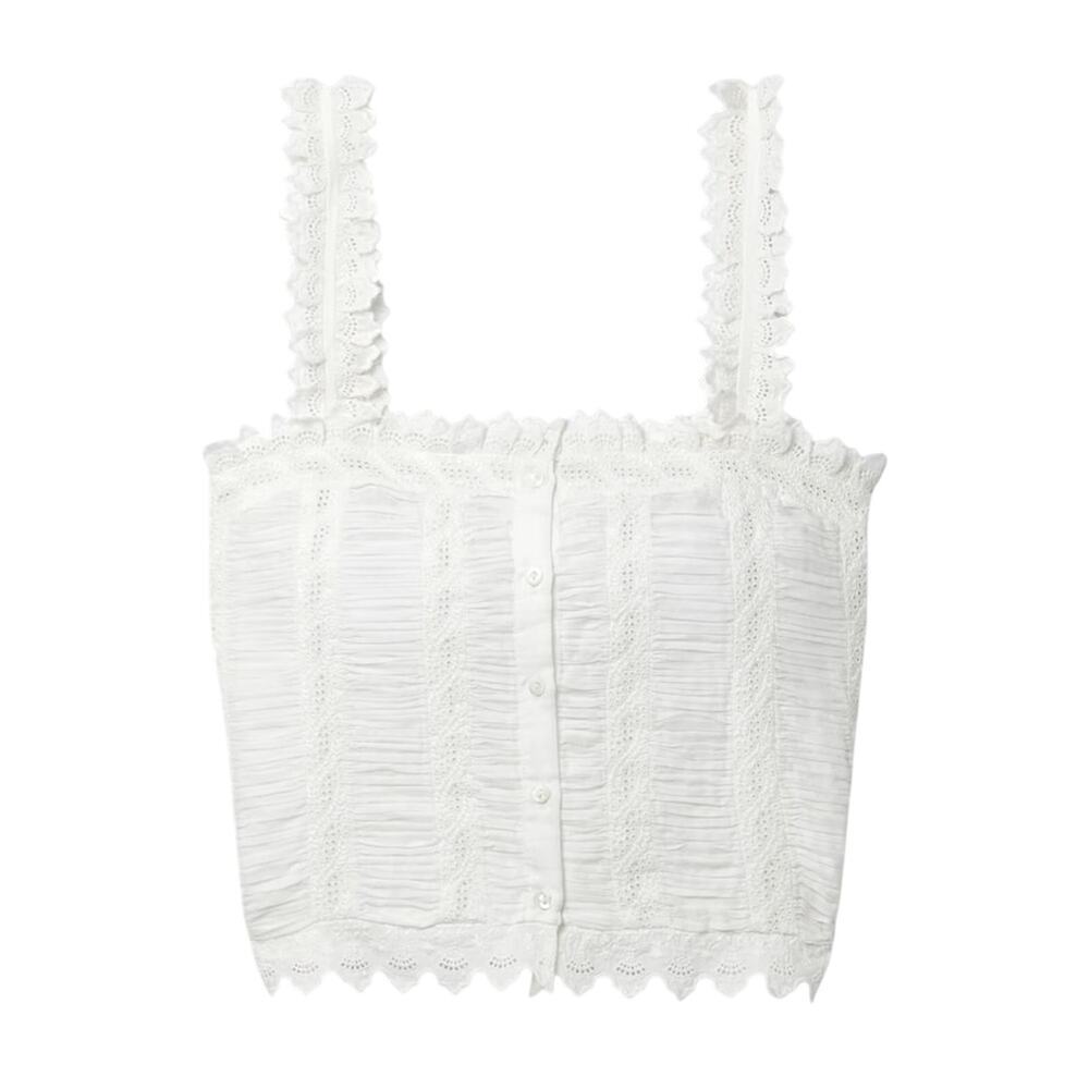 Doen Ari Cotton Ruched Scallop Ruffle Button Eyelet Cami Tank Crop Top Salt - Picture 8 of 9